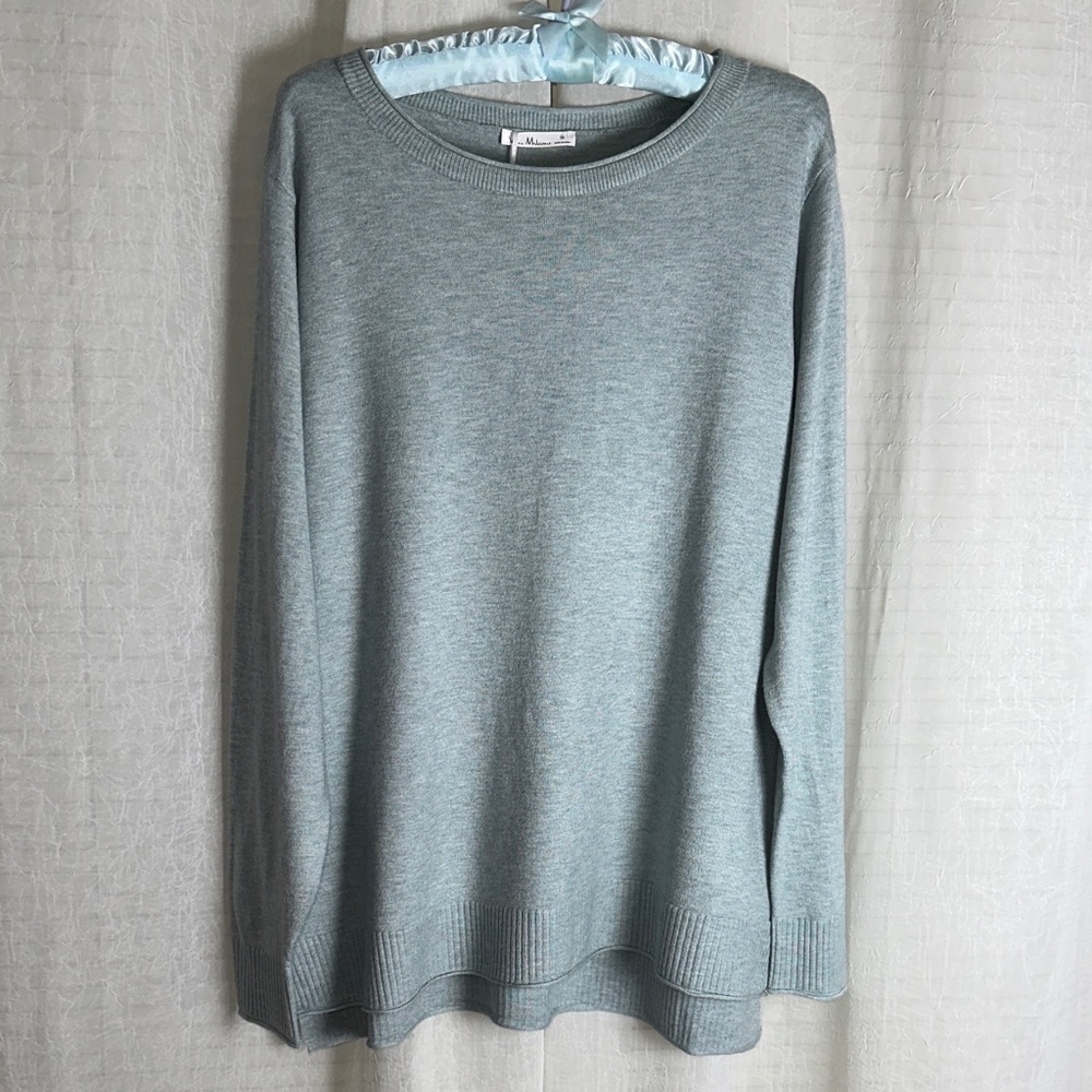 Vila Milano 1X Heather Green Scoop Neck Long Sleeve High Low Fine Knit Sweater
